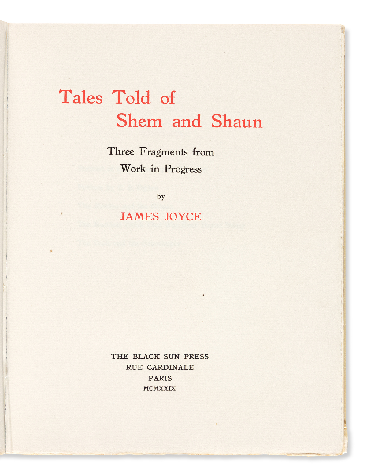 JOYCE, JAMES. Tales Told of Shem and Shaun: